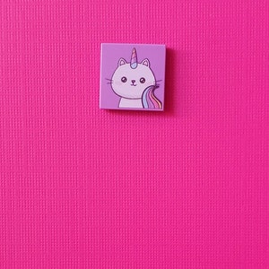 Kawaii kitticorn custom UV-printed Lego tile.  2x2 genuine Lego light pink tile. Designed in Australia. Printed in USA.