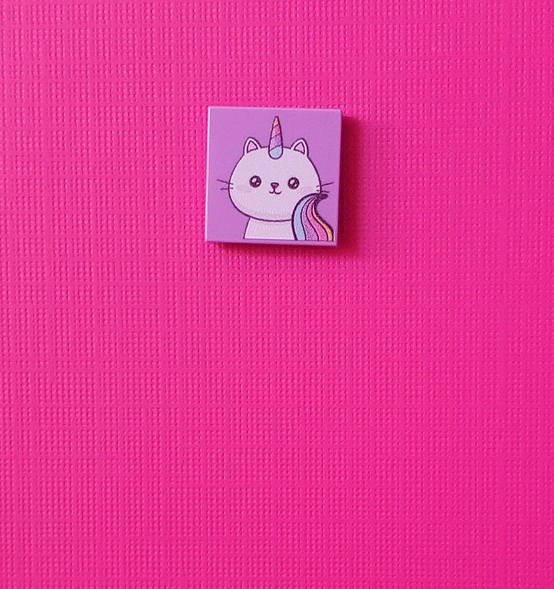 Kawaii kitticorn custom UV-printed Lego tile.  2x2 genuine Lego light pink tile. Designed in Australia. Printed in USA.