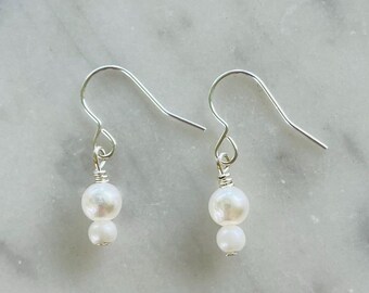 Dainty double pearl dangle earrings