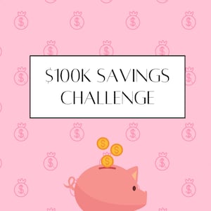 May include: A pink piggy bank with three gold coins falling into the slot. The background is pink with a repeating pattern of pink money bags with dollar signs.
