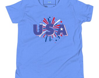 USA Firework Youth Short Sleeve T-Shirt; USA Kids Shirt; Kids 4th of July Shirt; Fireworks Shirt