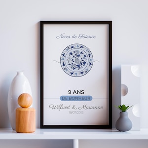 Cartel de boda de loza personalizado - Cartel de pareja - Regalo de aniversario de boda - Decoración de amantes - Cartel de 9 años de matrimonio