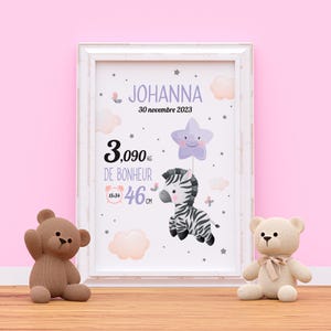 Pôster de nascimento personalizado Zebra - Pôster de bebê - Primeiro nome, data, peso, altura, pôster de hora - Presente de nascimento exclusivo - Pôster de quarto