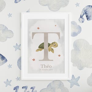 Cartel personalizado del nacimiento de la tortuga - Cartel del bebé - Cartel inicial de la letra T del nombre - Regalo de nacimiento - Decoración de la habitación del niño