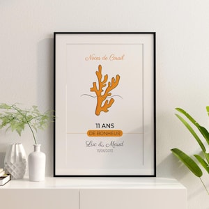 Cartel de boda de coral personalizado - Cartel de pareja - Regalo de aniversario de boda - Decoración de amantes - Cartel de 11 años de matrimonio