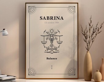 Puede incluir: Un póster imprimible en blanco y negro con un diseño minimalista que presenta el nombre Sabrina, la fecha 05 octobre 1984, una imagen estilizada de una balanza y la palabra Equilibrio.