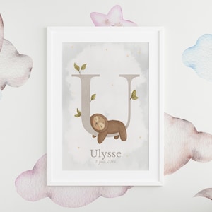 Affiche Naissance Personnalisée Unau - Poster Bébé - Affiche Initiale Prénom Lettre U - Cadeau Naissance - Décoration Chambre Enfant