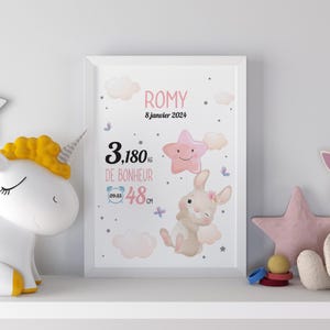 Póster de nacimiento personalizado Conejo - Póster de bebé - Póster con nombre, fecha, peso, altura, hora - Regalo de nacimiento original