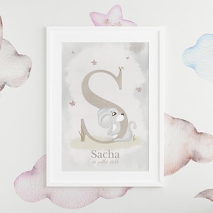 Cartel personalizado de nacimiento del ratón - Cartel del bebé - Cartel inicial de la letra S del nombre - Regalo de nacimiento - Decoración de la habitación del niño