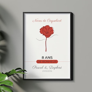 Personalized Poppy Wedding Poster - Couple Poster - Wedding Anniversary Gift - Lovers Decoration - 8th Wedding Anniversary Poster