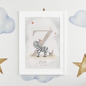 Affiche Naissance Personnalisée Zèbre - Poster Bébé - Affiche Initiale Prénom Lettre Z - Cadeau Naissance - Décoration Chambre Enfant