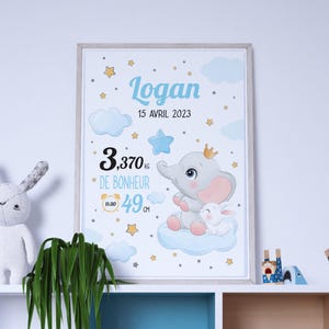 Pôster personalizado de nascimento de elefante - pôster de bebê - pôster com nome, data, peso, altura, hora - presente de nascimento original