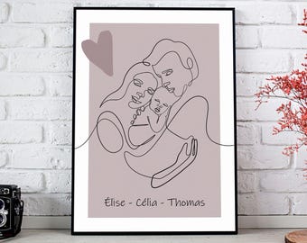 Póster familiar personalizado - Póster de nacimiento - Ilustración familiar personalizable - Póster de padres de bebés - Regalo familiar original