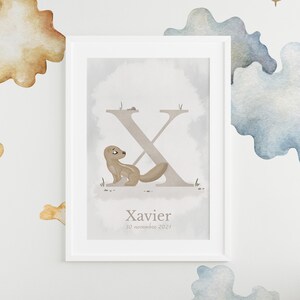 Cartel de nacimiento personalizado Xerus - Cartel del bebé - Cartel inicial de la letra X - Regalo de nacimiento - Decoración de la habitación del niño