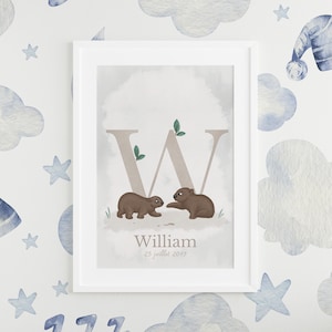 Cartel de nacimiento personalizado de Wombat - Cartel del bebé - Cartel inicial de la letra W - Regalo de nacimiento - Decoración de la habitación del niño