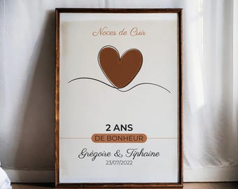 Affiche Noces de Cuir Personnalisée - Poster Couple - Cadeau Anniversaire Mariage - Décoration Amoureux - Affiche 2 Ans De Mariage