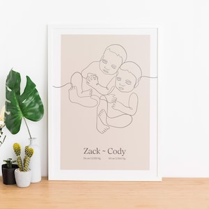 Póster de gemelos - Póster de nacimiento personalizado - Póster de bebés - Ilustración personalizable para recién nacidos - Regalo de nacimiento de gemelos