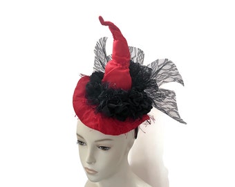 Witch Hat Fascinator, Mini Hat Headband, Burlesque Headpiece, Witch's Walk, Witch's Tea Party Hat in Red and Black with Roses - “HOT MESS”