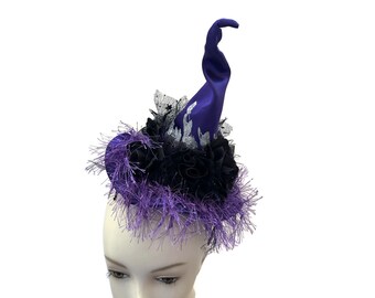 Witch Hat Fascinator, Burlesque Headpiece, Witch's Walk, Witch's Tea Party Hat in Purple with Black with Roses and Purple Fringe- "Hot Mess"