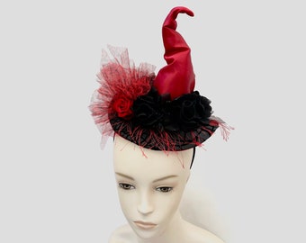 Witch Hat Fascinator, Burlesque, Witch's Walk, Witch's Tea Party Hat in Red and Black with Roses and Cheetah Print Tulle -  “HOT MESS”