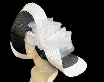 Black and White Kentucky Derby Hat: Raffia Straw, Silk Rose