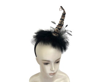 Witch Hat Fascinator, Pin Up, Burlesque, Witch's Walk, Witch's Tea Party Headband in Cheetah Print with Marabou -  "La Petite Sorciere"