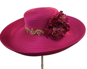 Kentucky Derby Hat, Downton Abby Style, Garden and Tea Party Hat, Year Round Satin Braid Hat in Tonal Fuchsia - “Stunning on Sloane Street”