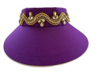 Women's Golf Visor, Golf Gift, Wide Brim Visor, Adjustable Fit Cotton Visor in Purple with AB Gold Rhinestones is - "Classy, Sassy n' Comfy"