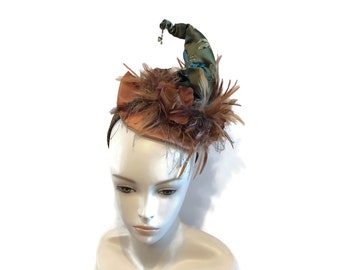 Witch Hat Fascinator, Burlesque Headpiece, Sexy Witch, Witch's Walk, Pin Up Witch Headband in Green and Gold Dragonfly Print - “HOT MESS”