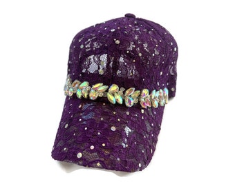 Women's Baseball Hat, Jeweled Baseball Cap, Golf Gift, Lace Baseball Cap in Purple with AB Rhinestone Applique -  "Amazing Lace"