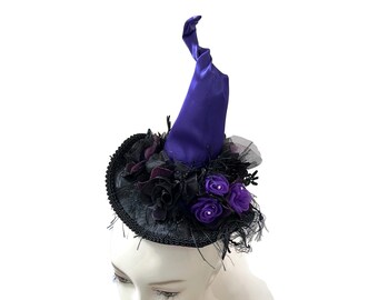 Witch Hat Fascinator, Burlesque Headpiece, Witch's Walk, Witch's Tea Party Hat in Purple and Black with Roses and Lace Applique - "Hot Mess"