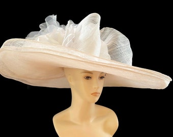 Women’s Kentucky Derby Hat, Wedding Party Hat, Easter Hat, Bridal Luncheon Hat In White Sinamay  - "Champagne Tea at the Dorchester"