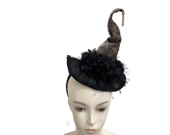 Witch Hat, Pin Up, Burlesque Headpiece, Witch's Walk, Witch's Tea Party Headband in Burnished Copper Brocade and Black Rosettes - “HOT MESS”