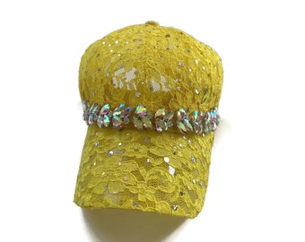 Women's Baseball Hat, Jeweled Baseball Cap, Golf Gift, Lace Baseball Cap in Lemon Yellow with Rhinestone Applique -  "Amazing Lace"