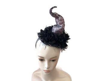 Witch Hat Fascinator, Mini Hat, Burlesque Headpiece, Witch's Walk, Witch's Tea Party Headband in Lavender and Sequin Spider Web - “HOT MESS”