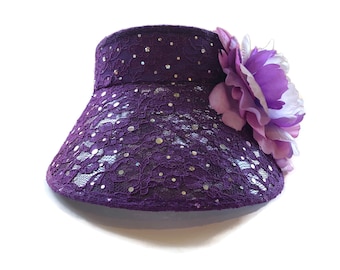 Women’s Golf Visor, Sun Visor, Sport Visor, Adjustable Size Visor in Purple Lace with AB Sequins and a Purple Peony - “Lovely in Lace”
