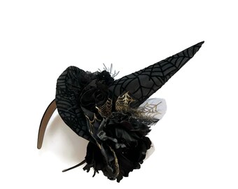 Witch Hat Fascinator, Mini Hat, Burlesque Headpiece, Spider Queen, Witch's Walk, Witch's Tea Party Hat in Black Spider Web - “HOT MESS”