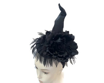 Witch Hat Fascinator, Pin Up, Burlesque Headpiece, Witch's Walk, Witch's Tea Party Hat with Black Roses and Organza Fringe - "Hot Mess"