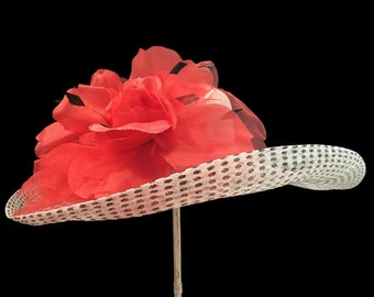 Women’s Kentucky Derby Hat, Downton Abby Style, Tea Party Hat, Polka Dot Sinamay Hat in White Black and Red - "Highclere Garden Wedding"