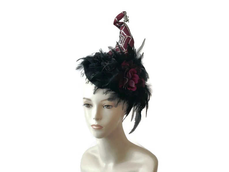 MINI WITCH HAT ON HEADBAND SILVER COBWEB ROSE FEATHER HALLOWEEN FANCY DRESS