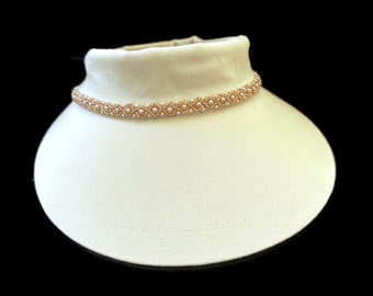 Women's Golf Visor, Golf Gift, Wide Brim Visor, Padded Crown, Cotton Visor in Ecru with Rosegold Pearl Applique is  "Classy, Sassy n' Comfy"