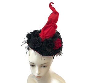 Witch Hat Fascinator, Mini Hat Headband, Burlesque Headpiece, Witch's Walk, Witch's Tea Party Hat in Red and Black with Roses - “HOT MESS”