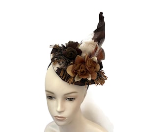 Witch Hat Fascinator, Burlesque Headpiece, Cowboy, Witch's Walk, Pin Up Witch Headband in Cow Print with Tonal Brown Roses - “HOT MESS”