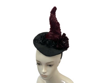 Witch Hat Fascinator, Pin Up, Burlesque Headpiece, Witch's Walk, Witch's Tea Party Headband in Burgundy and Black Rosettes - “HOT MESS”