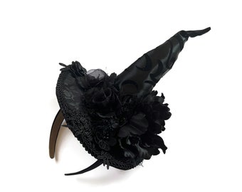 Witch Hat Fascinator, Burlesque Headpiece, Witch's Walk, Witch's Tea Party Hat with Black Magnolia, Roses, and Lace Applique - "Hot Mess"