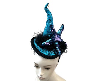 Mermaid Witch Fascinator, Burlesque Headpiece, Witch's Walk, Witch's Tea Party Hat in Blue and Black with a Sequin Starfish - "Hot Mess"