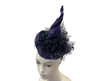 Witch Hat Fascinator, Burlesque Headpiece, Witch's Walk, Witch's Tea Party Hat in Purple with Black with Roses and Star Tulle - "Hot Mess"