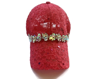 Women's Baseball Hat, Jeweled Baseball Cap, Golf Gift, Lace Baseball Cap in Coral with AB Rhinestone Applique -  "Amazing Lace"