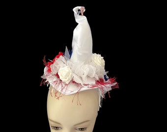 Witch Hat Fascinator, Mini Hat Headband, Patriotic, Burlesque Headpiece, Pin-Up Witch, Red White Blue Witch Hat Headband -"Hot Mess"