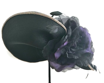 Women’s Kentucky Derby Hat, Bachelorette Party, Garden And Tea Party Hat In Black, Purple, and Rose Gold Is   - "NOT for the SHY"